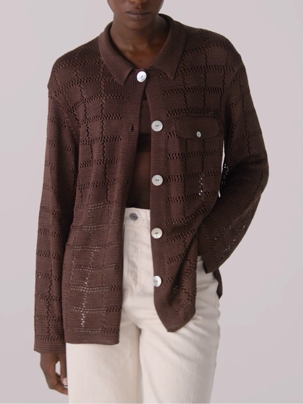 Brown Knit Button-Front Women's Top
